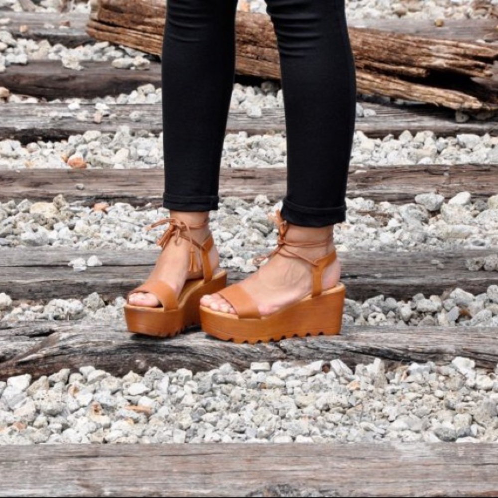 Ankle wrap camel colored platforms